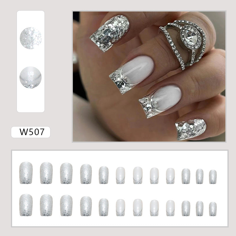 Silver Glitter and White French Tips, 24 Pieces, Press on Nails