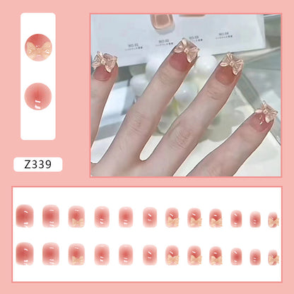 Nude Glitter Bow Square Press-On Nails – 3D Gold Bow Glossy Nail Set (Set of 12)