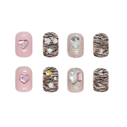 Short Square Press-On Nail Set – Rose Gold Glitter Chrome Foil with Iridescent Crystal Accents | Glossy Reusable False Nails (Set of 12)