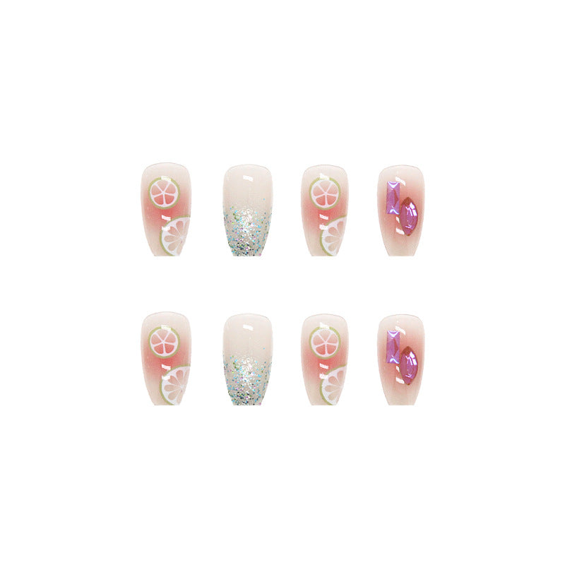 Mixed Design with Citrus Art, Glitter, and Holographic Elements, Long Square Style, Artificial Press-On Nails