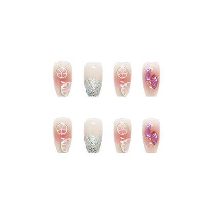Fruity Glam Square Press-On Nails – Nude Jelly Glitter & Citrus Nail Set (Set of 12)