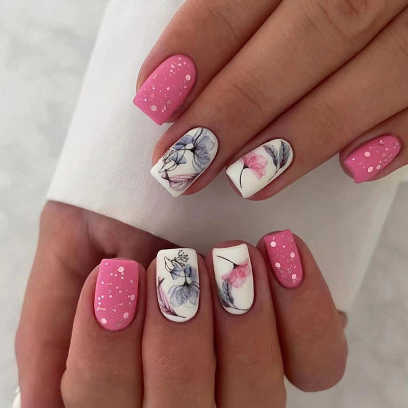 Floral Nail Art Design, Pink and White Base with Watercolor Flowers, Dotted Pattern, Press on Nails