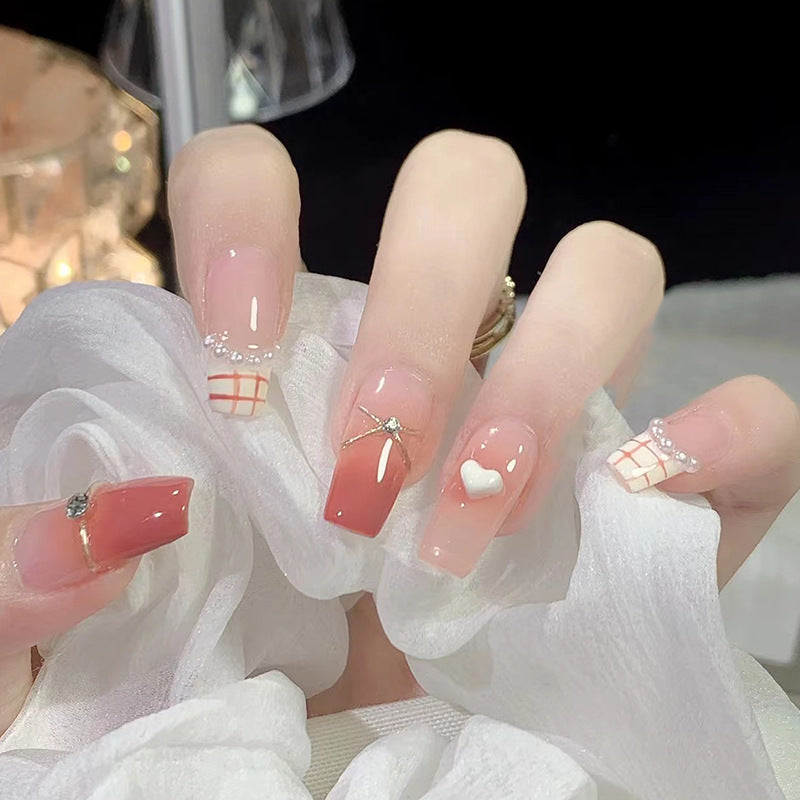 Long Square French Tips with Heart Design, Crystal Rhinestone Bowknot, Pink Gradient, Press on Nails