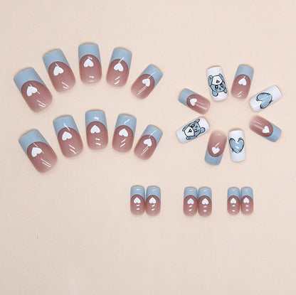 Baby Blue French Tip Square Press-On Nails – Cute Teddy Bear & Heart Nail Set (Set of 24)