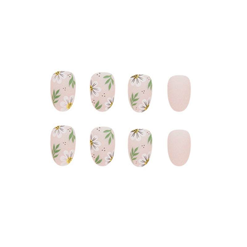 Spring Floral, Matte Pink with White Daisy Design, Almond Shape, Press-On Nails