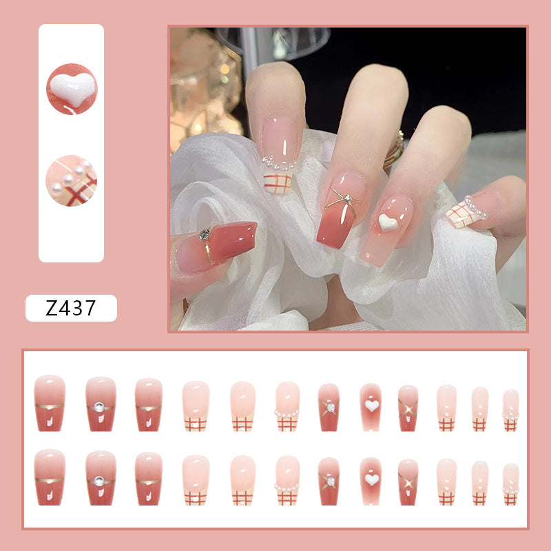 Long Square French Tips with Heart Design, Crystal Rhinestone Bowknot, Pink Gradient, Press on Nails