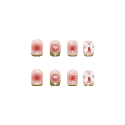 Pastel Green French Tip Press-On Nails with 3D Bow & Heart Accent | Set of 12 Reusable Nails