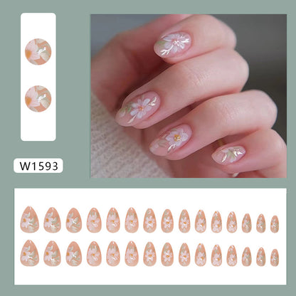 24-Piece Nude Floral Almond Press-On Nails – Glossy Pink False Nails with White Daisy Design | Reusable Stick-On Nail Set