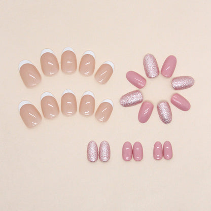 Soft Pink French Tip Oval Press-On Nails – Glossy Glitter Accent Nail Set (Set of 24)