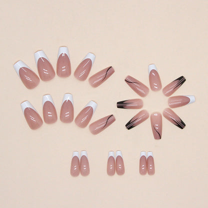 24-Piece Nude French Tip Coffin Press-On Nails – Glossy Long False Nails with Modern White Tips | Reusable Stick-On Nail Set