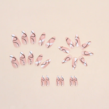 Almond Press-On Nail Set – White French Tips with Black Abstract Swirl Design | Glossy Nude False  (Nails Set of 24-Piece )