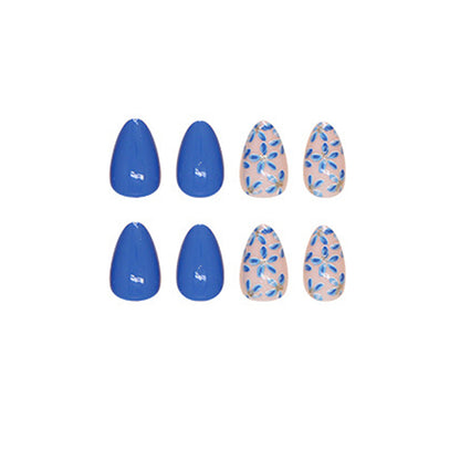 24-Piece Blue Floral Almond Press-On Nails – Glossy French Tip False Nails with Daisy Design | Reusable Stick-On Nail Set