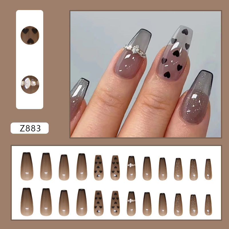 Grey Ombre with Black Hearts Design, Rhinestone Accent, Coffin Shape, Press on Nails
