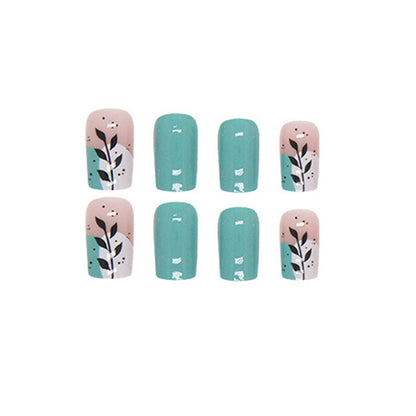 Square shape Press-On Nail Set – Teal Botanical Leaf Nails | Glossy Reusable False Nails (Set of 24)