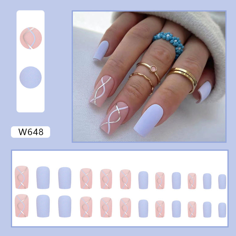 Matte Blue and Pink with White Line Pattern, 24 Pieces, Press on Nails