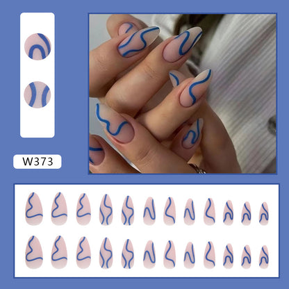 Nude & Royal Blue Abstract Wave Almond Press-On Nails – 24 Piece Glossy Nail Set