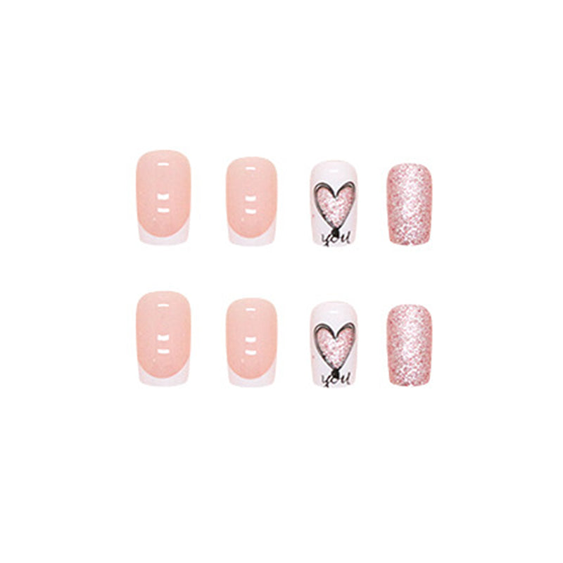 Nail Art Set, French Manicure Design with Pink Glitter and Heart Pattern, Press on Nails