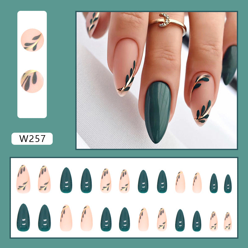 Stiletto Shape, 24 Pieces, Forest Green and Peach with Floral Design, Press on Nails