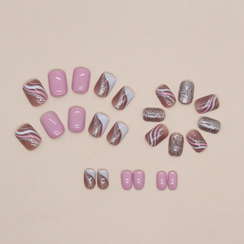 Pink and White Glitter Nail Art Design Set, Geometric Wave Pattern, Sparkle Accent Manicure Press on Nails