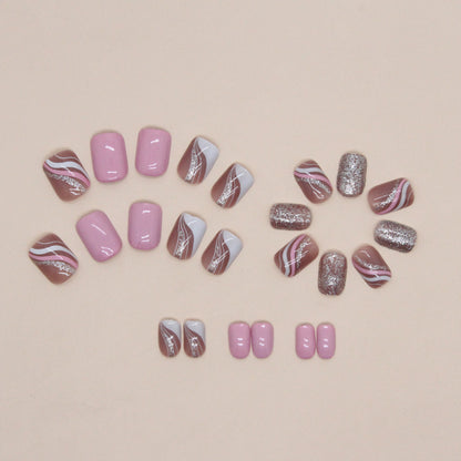Short Square Press-On Nail Set – Pink Marble Swirl with Rose Gold Glitter Accent | Glossy Reusable False Nails (Set of 24-Piece)