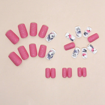 Matte Pink Floral Square Press-On Nails – White Botanical Nail Art Set (Set of 24)