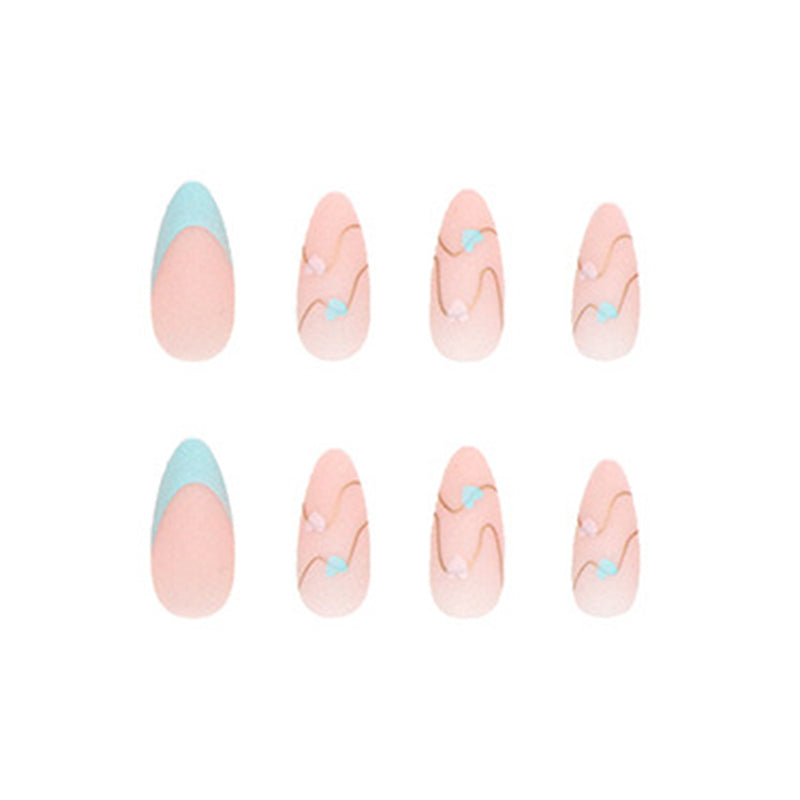 Matte French Tips with Heart Design, Pink and Blue Hearts, Gold Accents, Almond Shape, Stiletto Press-On Nails