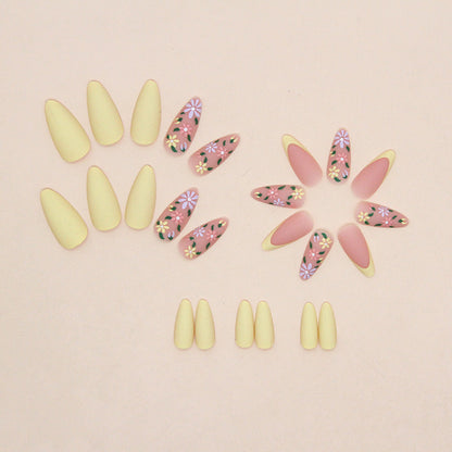 Sunny Meadow Almond Press On Nails – 24 Piece Yellow Floral French Tip Nail Set