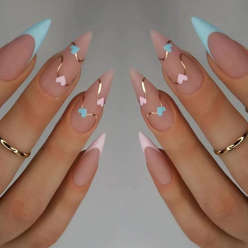 Matte French Tips with Heart Design, Pink and Blue Hearts, Gold Accents, Almond Shape, Stiletto Press-On Nails
