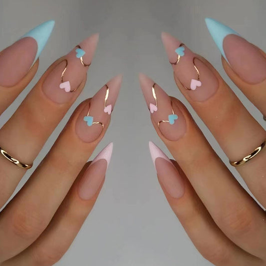Matte French Tips with Heart Design, Pink and Blue Hearts, Gold Accents, Almond Shape, Stiletto Press-On Nails