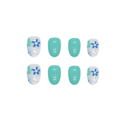 Turquoise Blue Floral Almond Press-On Nails – Glossy Daisy Spring Nail Set (Set of 24)