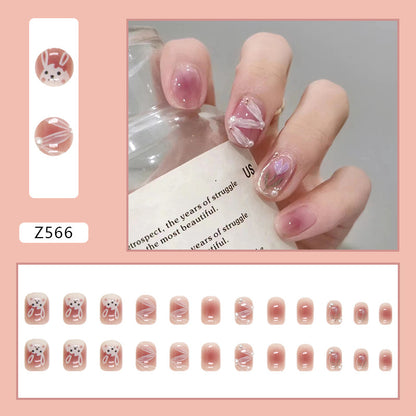 Oval Press-On Nail Set – Jelly Pink Heart & Floral Nails with Pearl Accents | Glossy Reusable False Nails (Set of 12)