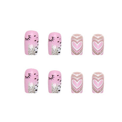 Long Square Press-On Nail Set – Pink Hearts with Gold Glitter Accent | Glossy Reusable False Nails (Set of 24 Pieces)