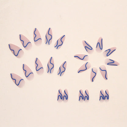 Nude & Royal Blue Abstract Wave Almond Press-On Nails – 24 Piece Glossy Nail Set