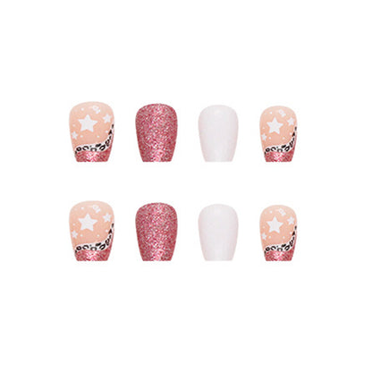 Square Press-On Nail Set – White & Rose Gold Glitter Star Design | Glossy Reusable False Nails (Set of 24)