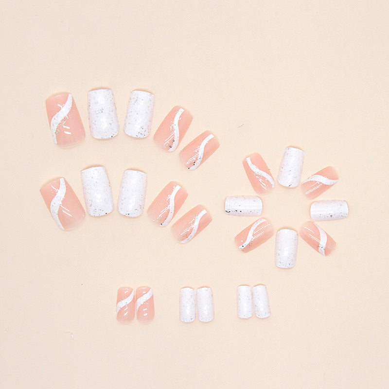 Glitter French Tips, Pink and White Ombre Design, Square Shape, Press on Nails