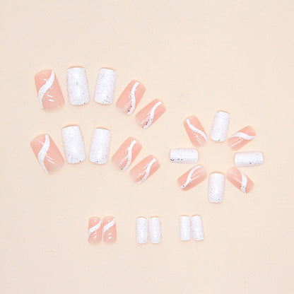 Medium Square Press-On Nail Set – Blush Pink & White Speckled Nails with Rose Gold Glitter Accents | Glossy Reusable False Nails(Set of 24 Pieces)