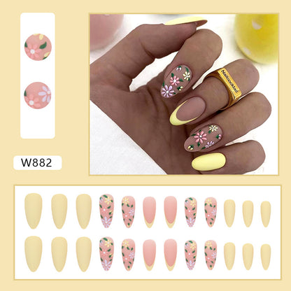 Sunny Meadow Almond Press On Nails – 24 Piece Yellow Floral French Tip Nail Set