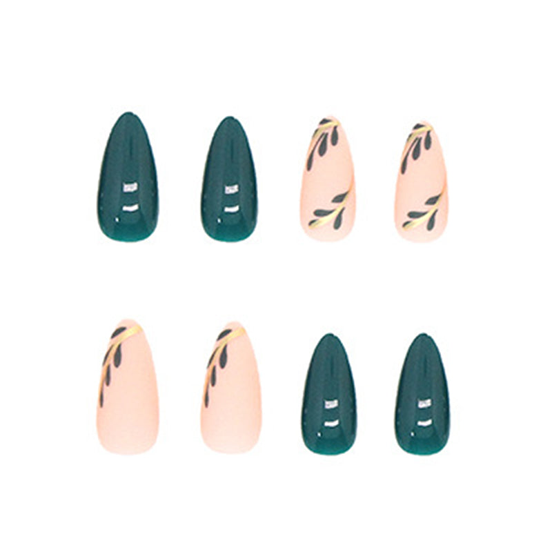 Stiletto Shape, 24 Pieces, Forest Green and Peach with Floral Design, Press on Nails