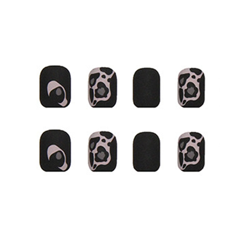 Matte Black with Leopard Print Design, 24 Pieces, Press-On Nails