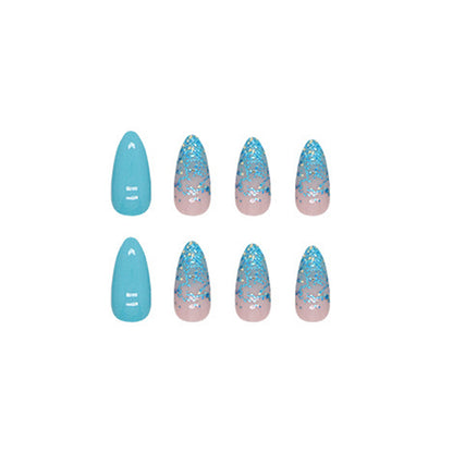 Teal Glitter Almond Press-On Nails – Glossy Turquoise with Iridescent Foil Accent Design (Set of 24)