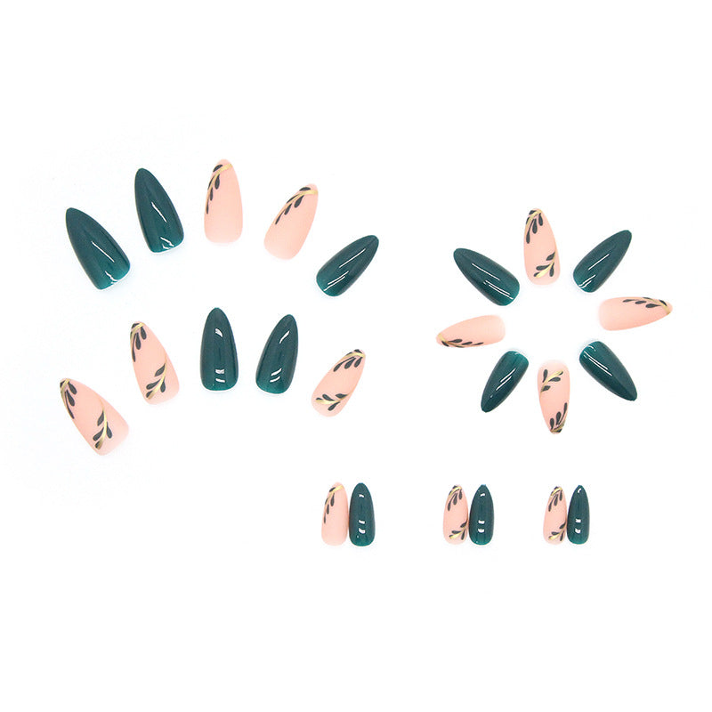 Stiletto Shape, 24 Pieces, Forest Green and Peach with Floral Design, Press on Nails