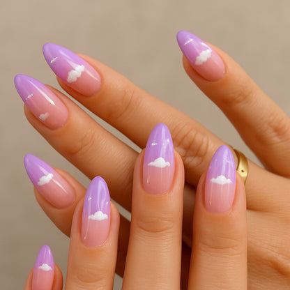 Lavender Cloud Almond Press-On Nails – 24 Piece Dreamy Ombre Nail Set