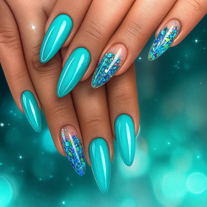 Teal Glitter Almond Press-On Nails – Glossy Turquoise with Iridescent Foil Accent Design (Set of 24)