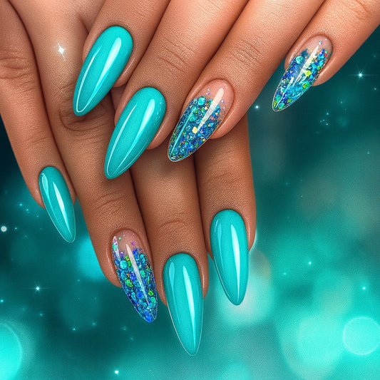 Teal Glitter Almond Press-On Nails – Glossy Turquoise with Iridescent Foil Accent Design (Set of 24)