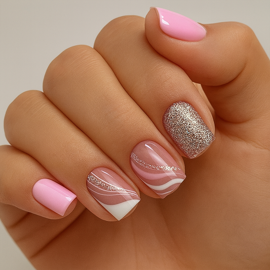 Short Square Press-On Nail Set – Pink Marble Swirl with Rose Gold Glitter Accent | Glossy Reusable False Nails (Set of 24-Piece)