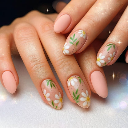 Blush Pink Daisy Almond Press-On Nails – Matte Floral Nude Spring Nail Set (Set of 24)