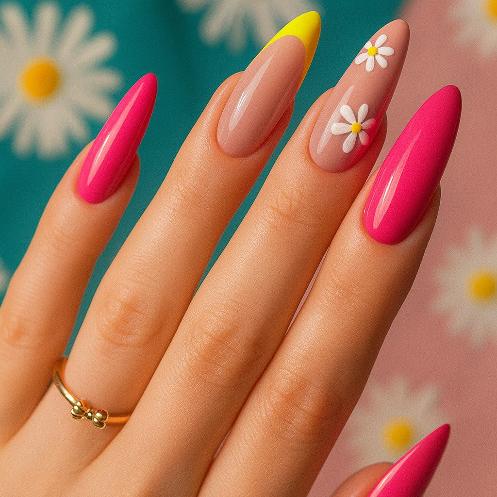 Neon Daisy Almond Press-On Nails – 24 Piece Hot Pink Floral Nail Set