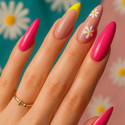 Neon Daisy Almond Press-On Nails – 24 Piece Hot Pink Floral Nail Set