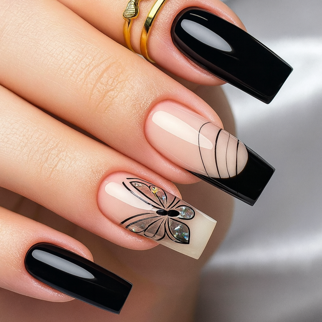 Long Coffin Press-On Nail Set – Black French Tips with Butterfly & Abstract Line Art | Glossy Reusable False Nails (Set of 24)
