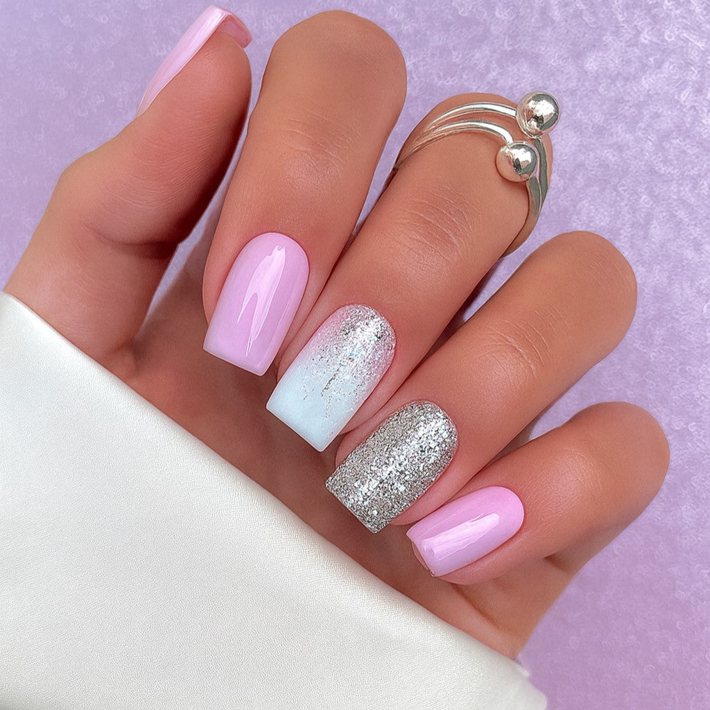 Glossy Pink & Silver Glitter Square Press-On Nails – Ombre Sparkle Nail Set (Set of 24)